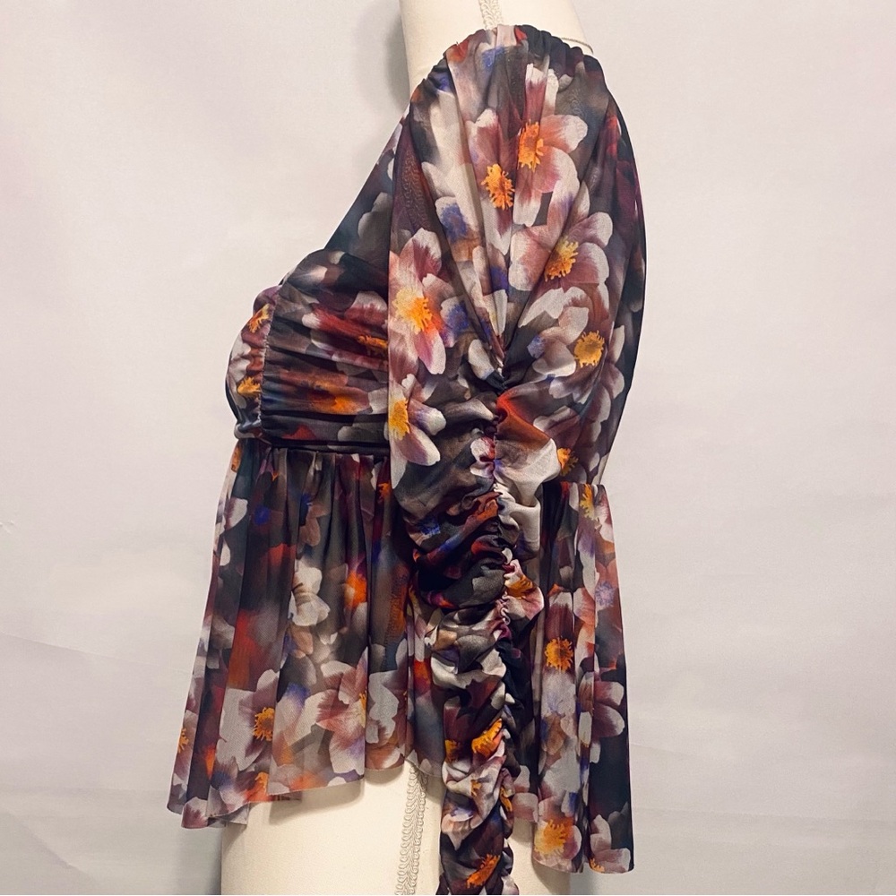 Urban Outfitters Floral Ruffle Ruched Mesh Long Sleeve Babydoll Top, Size S - Picture 5 of 9
